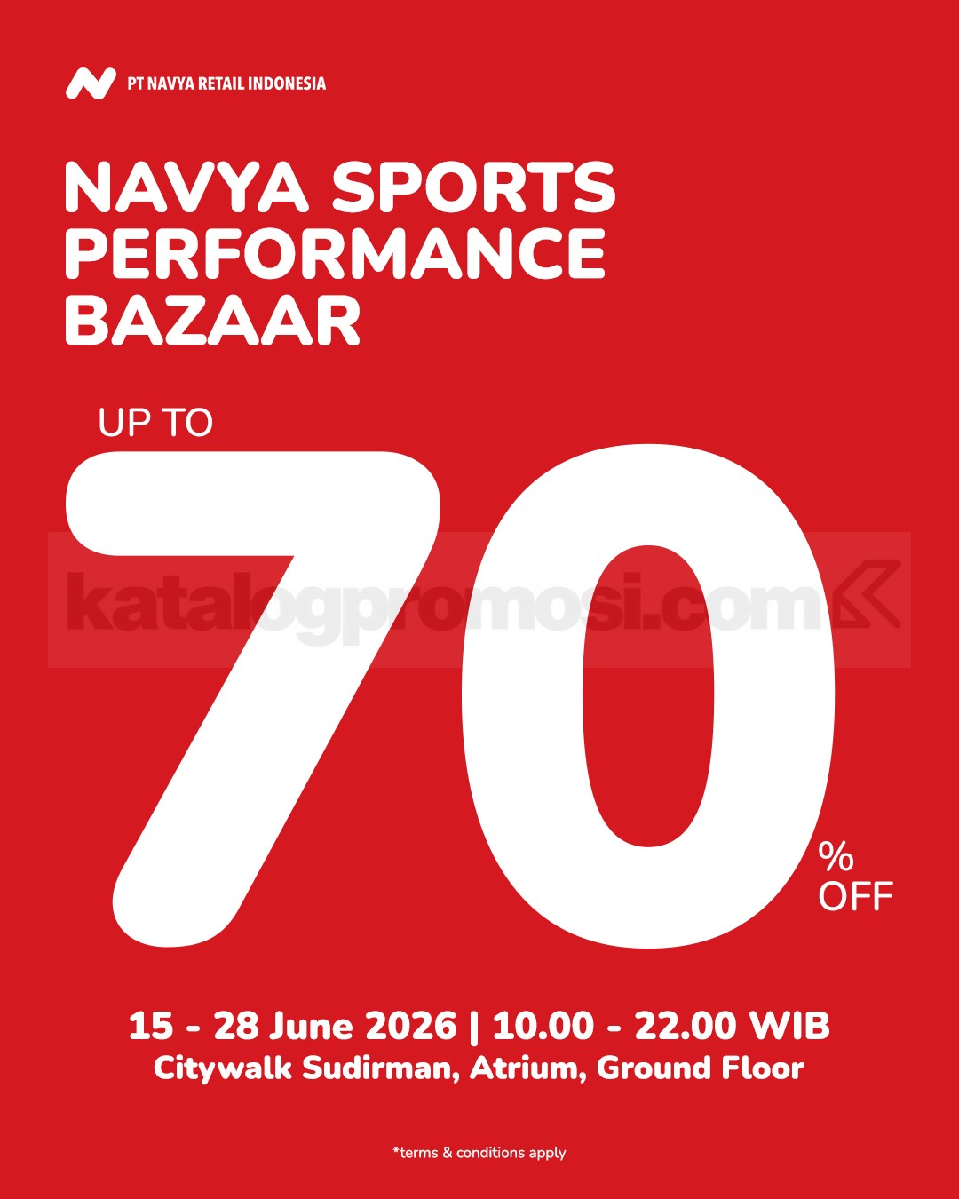 Navya Sports Performance Bazaar Diskon Hingga 70% Navya Sports Performance Bazaar Diskon Hingga 70% di Citywalk Sudirman dengan promo apparel, footwear, dan aksesoris olahraga.