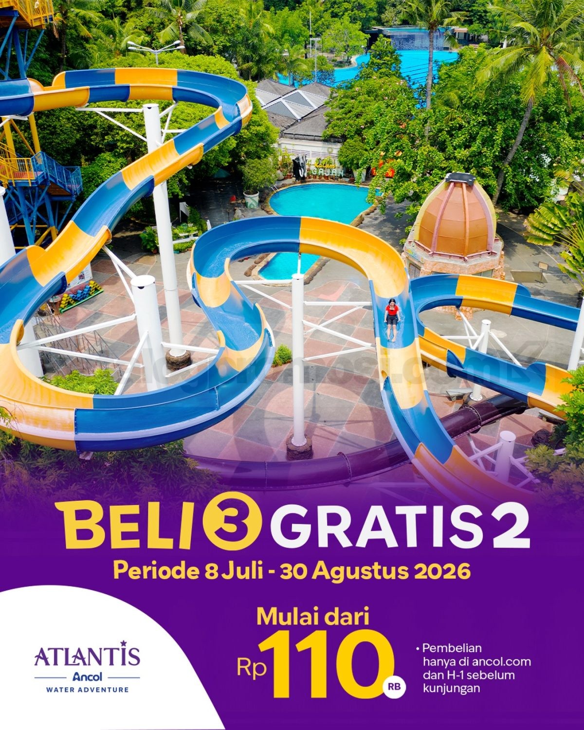Promo Atlantis Ancol Beli 3 Gratis 2 Tiket Promo Atlantis Ancol Beli 3 Gratis 2 Tiket mulai Rp. 110.000 berlaku 8 Juli 2026 hingga 30 Agustus 2026.