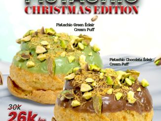 Promo Beard Papa’s Pistachio Éclair Cream Puff edisi Natal harga Rp. 26.000 dengan varian green dan chocolate topping pistachio