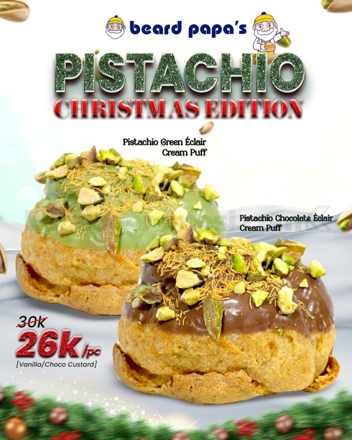 Promo Beard Papa’s NEW! Pistachio Éclair Cream Puff Rp. 26.000 Promo Beard Papa’s Pistachio Éclair Cream Puff edisi Natal harga Rp. 26.000 dengan varian green dan chocolate topping pistachio
