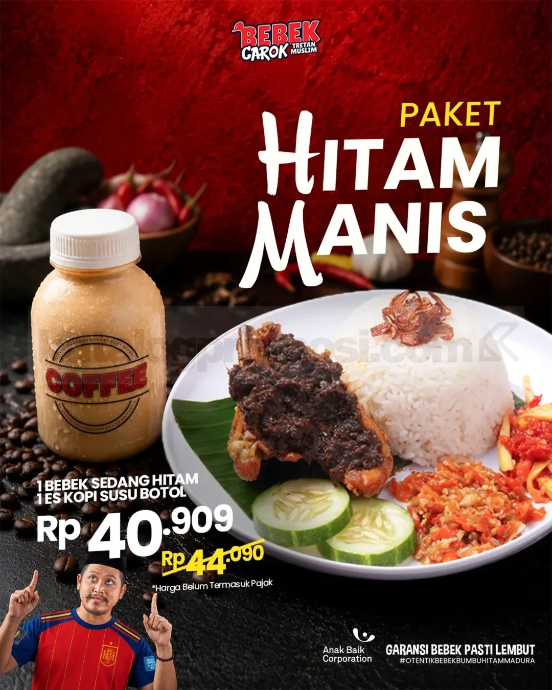 Promo Bebek Carok Paket Hitam Manis Rp. 40.909 Promo Bebek Carok Paket Hitam Manis Rp. 40.909 dengan Bebek Sedang Hitam dan Es Kopi Susu Botol