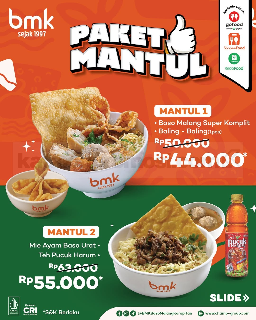 Promo BMK Paket Mantul Mulai Rp. 44 ribu Promo BMK Paket Mantul mulai Rp. 44 ribu dengan pilihan baso dan mie ayam hemat