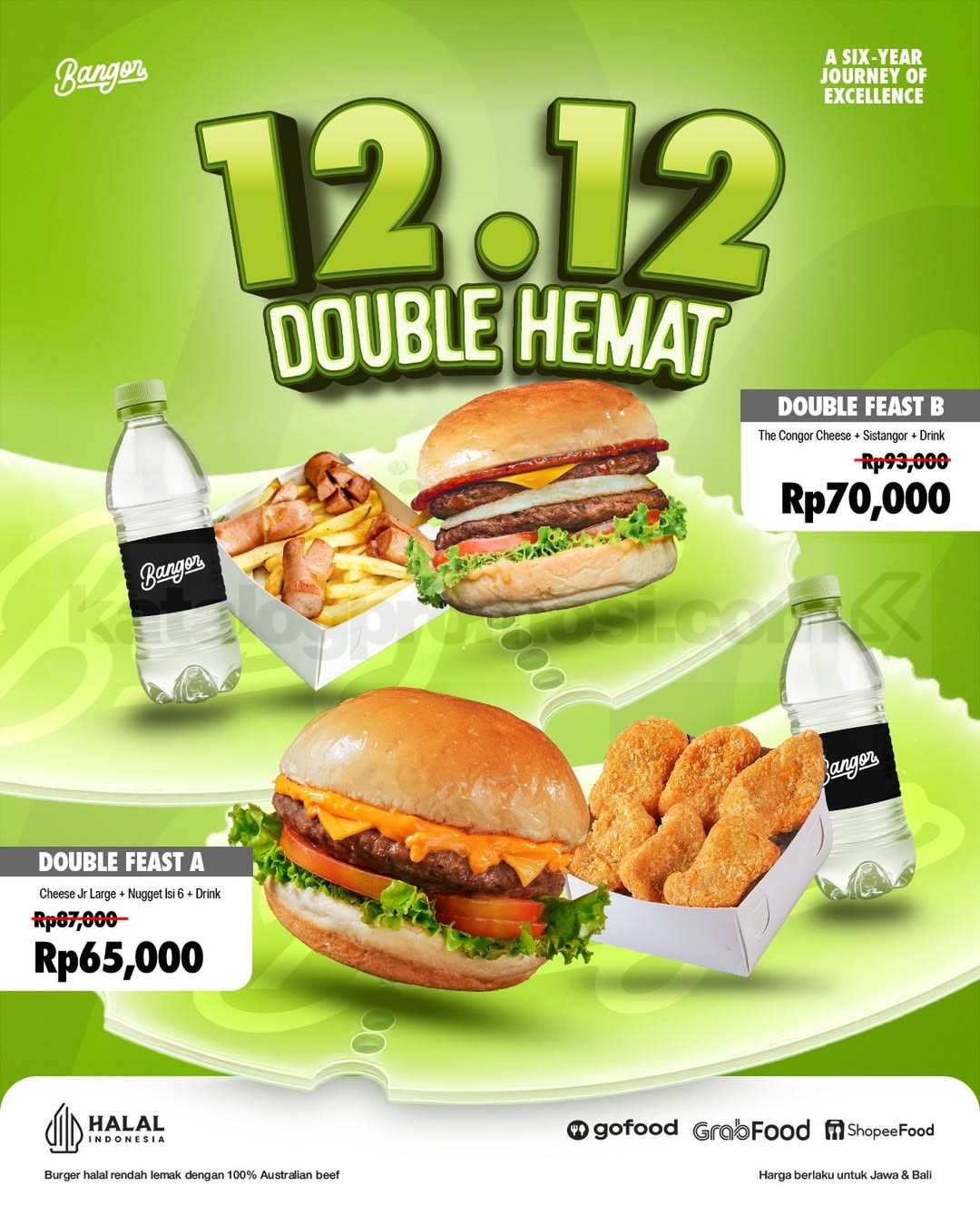 Promo Burger Bangor 12.12 Double Hemat Mulai Rp 65.000 Promo Burger Bangor 12.12 Double Hemat mulai Rp 65.000 termasuk burger, side dish, dan minuman