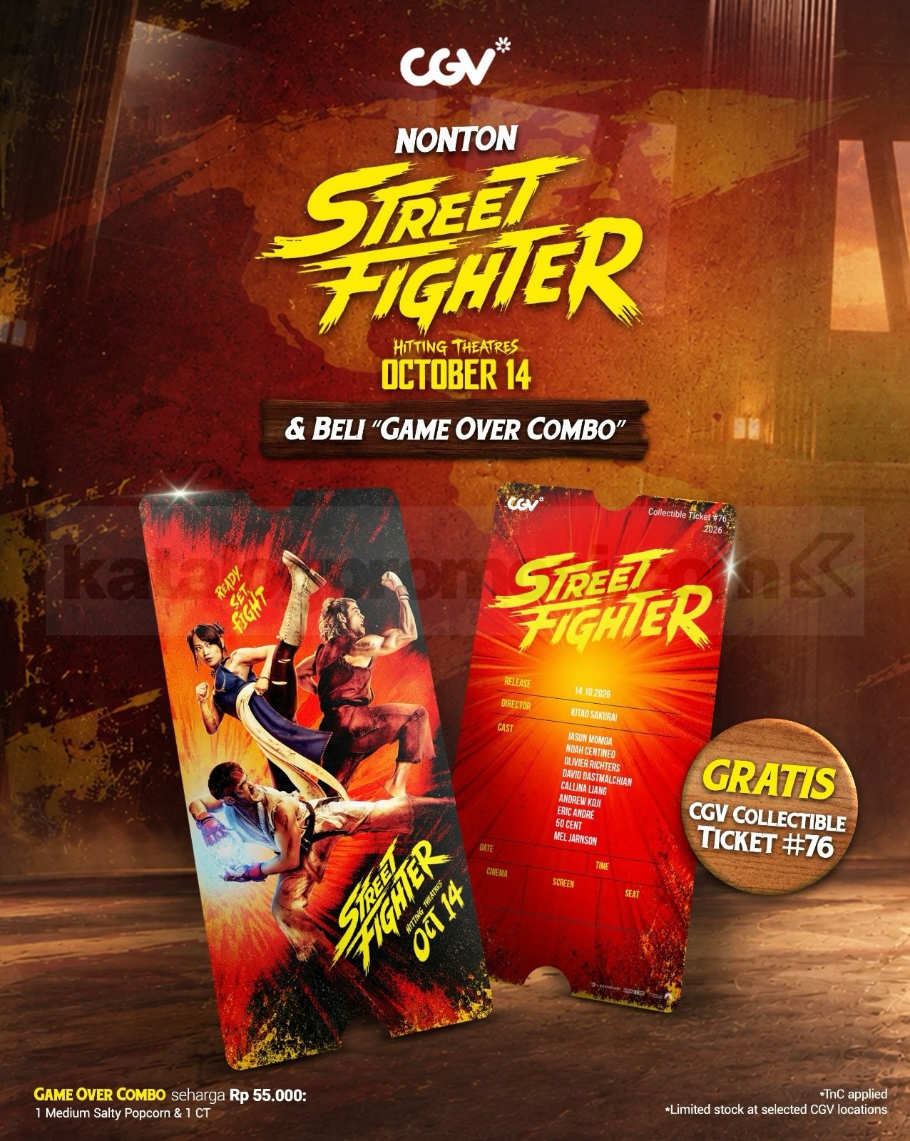 Promo CGV Street Fighter Game Over Combo Gratis Collectible Ticket Promo CGV Street Fighter Game Over Combo Rp55.000 gratis Collectible Ticket #76 mulai 14 Oktober 2026.