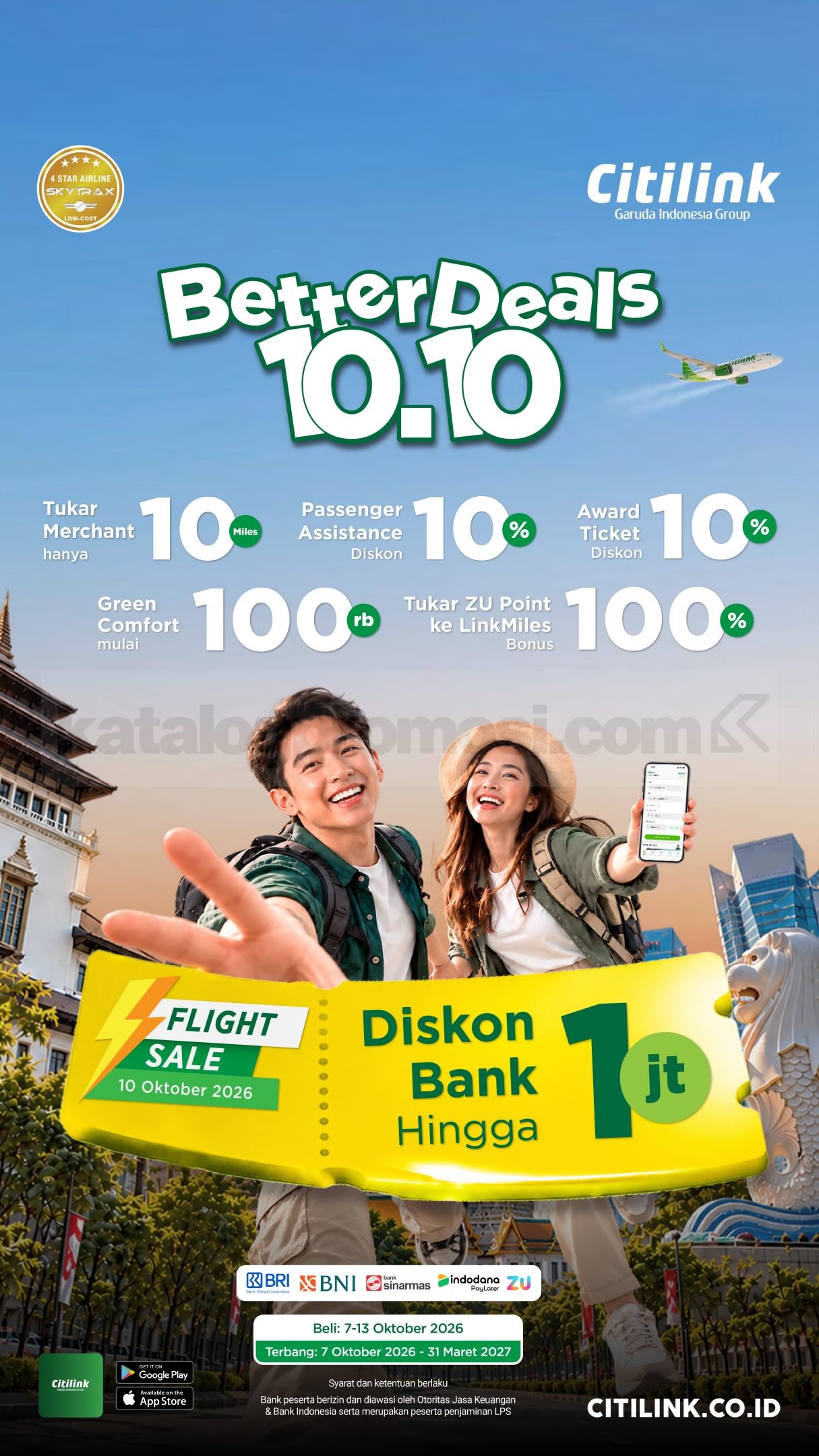 Promo Citilink 10.10 Diskon Tiket hingga Rp. 1 Juta Promo Citilink 10.10 diskon tiket hingga Rp. 1 juta menggunakan Bank dan PayLater pada 7–13 Oktober 2026.