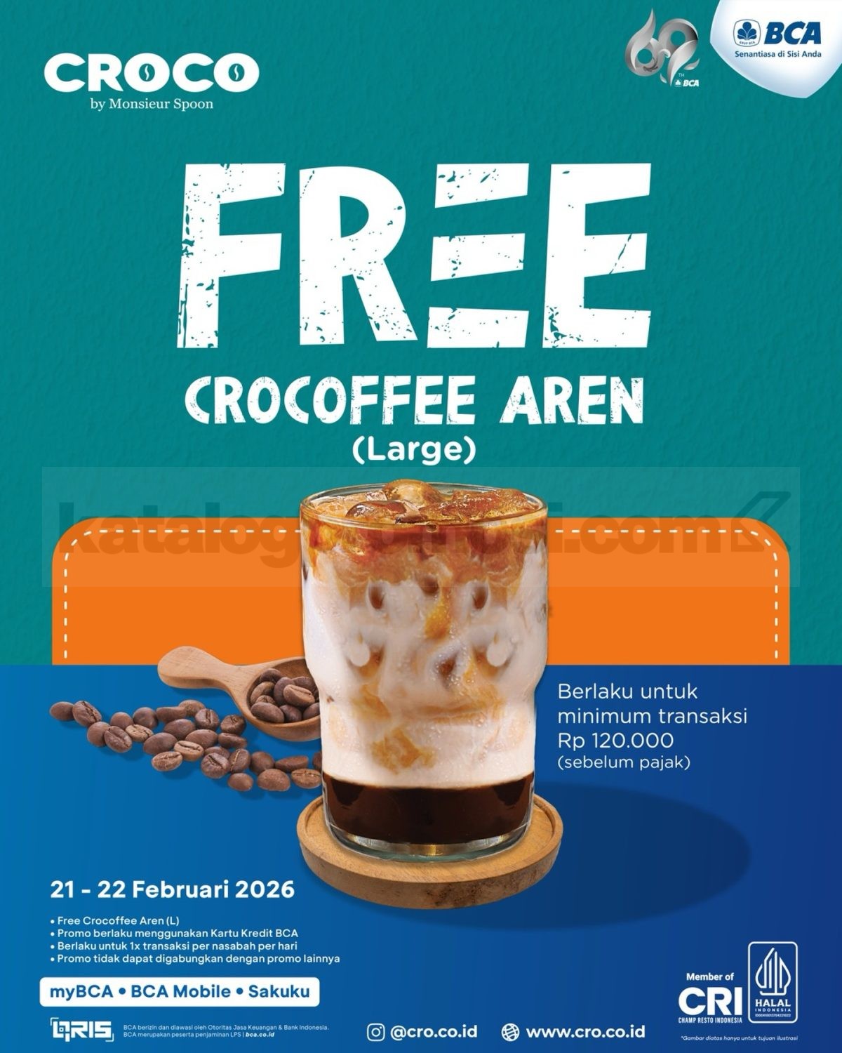 Promo CROCO BCA Free Crocoffee Aren Large Promo CROCO BCA Free Crocoffee Aren Large gratis minuman dengan transaksi Rp120.000