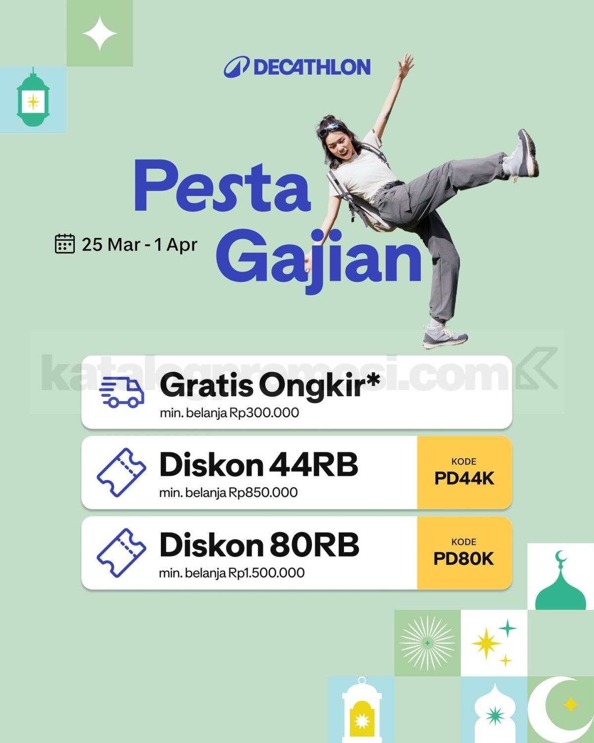 Promo Decathlon Pesta Gajian Diskon 70% + Voucher Promo Decathlon Pesta Gajian diskon hingga 70 persen periode 25 Maret sampai 1 April 2026 dengan voucher dan gratis ongkir