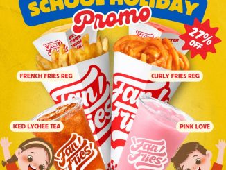 Promo Fan Fries School Holiday Paket Combo Rp. 92.500 berisi French Fries, Curly Fries, Iced Lychee Tea, dan Pink Love