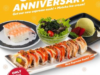 Promo Genki Sushi Anniversary Set cuma Rp 120.000, nikmati Rainbow Roll, Shrimp Ebi Nigiri, Mini Salad & Matcha Ice Cream.