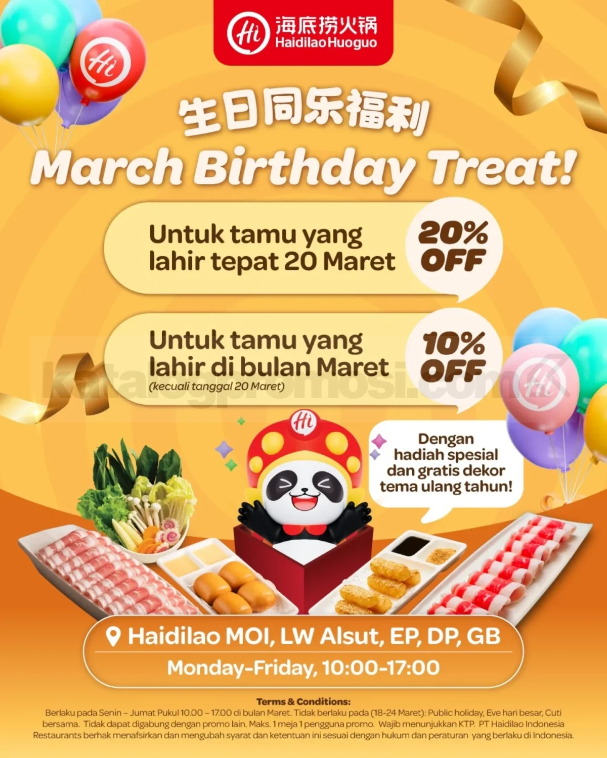 Promo Haidilao March Birthday Treat Diskon hingga 20% Promo Haidilao March Birthday Treat Diskon hingga 20% untuk ulang tahun bulan Maret di outlet tertentu