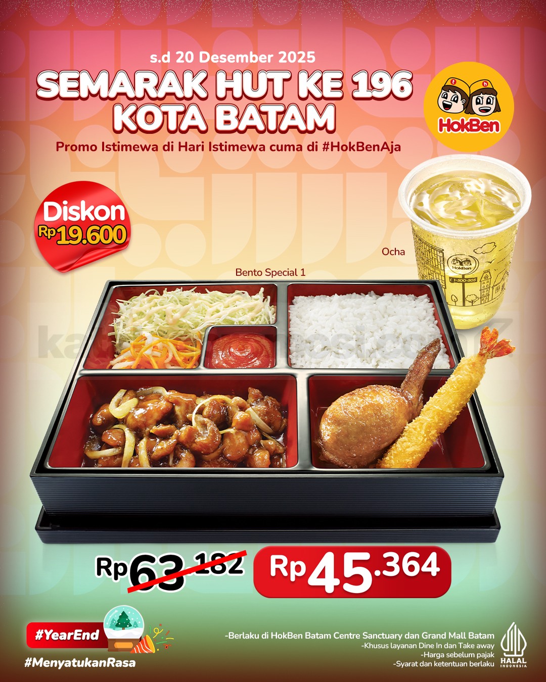 Promo HokBen HUT Kota Batam Bento Special Diskon Rp. 19.600 Promo HokBen HUT Kota Batam diskon Rp. 19.600 Bento Special 1 plus Ocha di outlet Batam