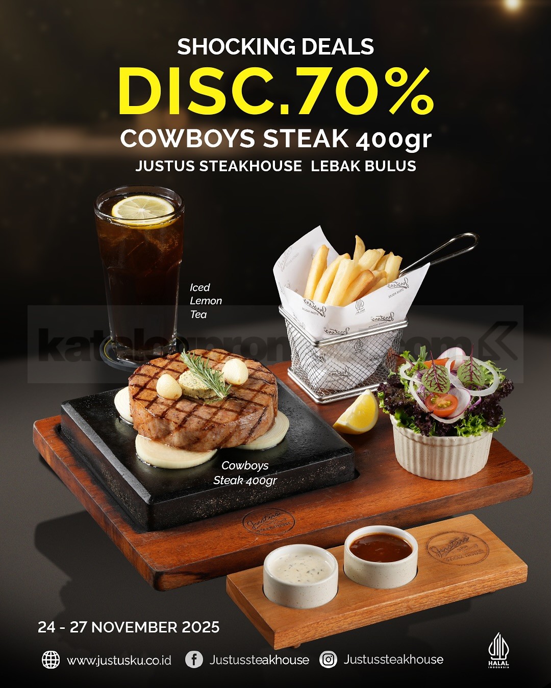 Promo Justus Steakhouse Cowboy Steak 400gr Diskon 70% Promo Justus Steakhouse Cowboy Steak 400gr Diskon 70% dengan free Iced Lemon Tea di Lebak Bulus