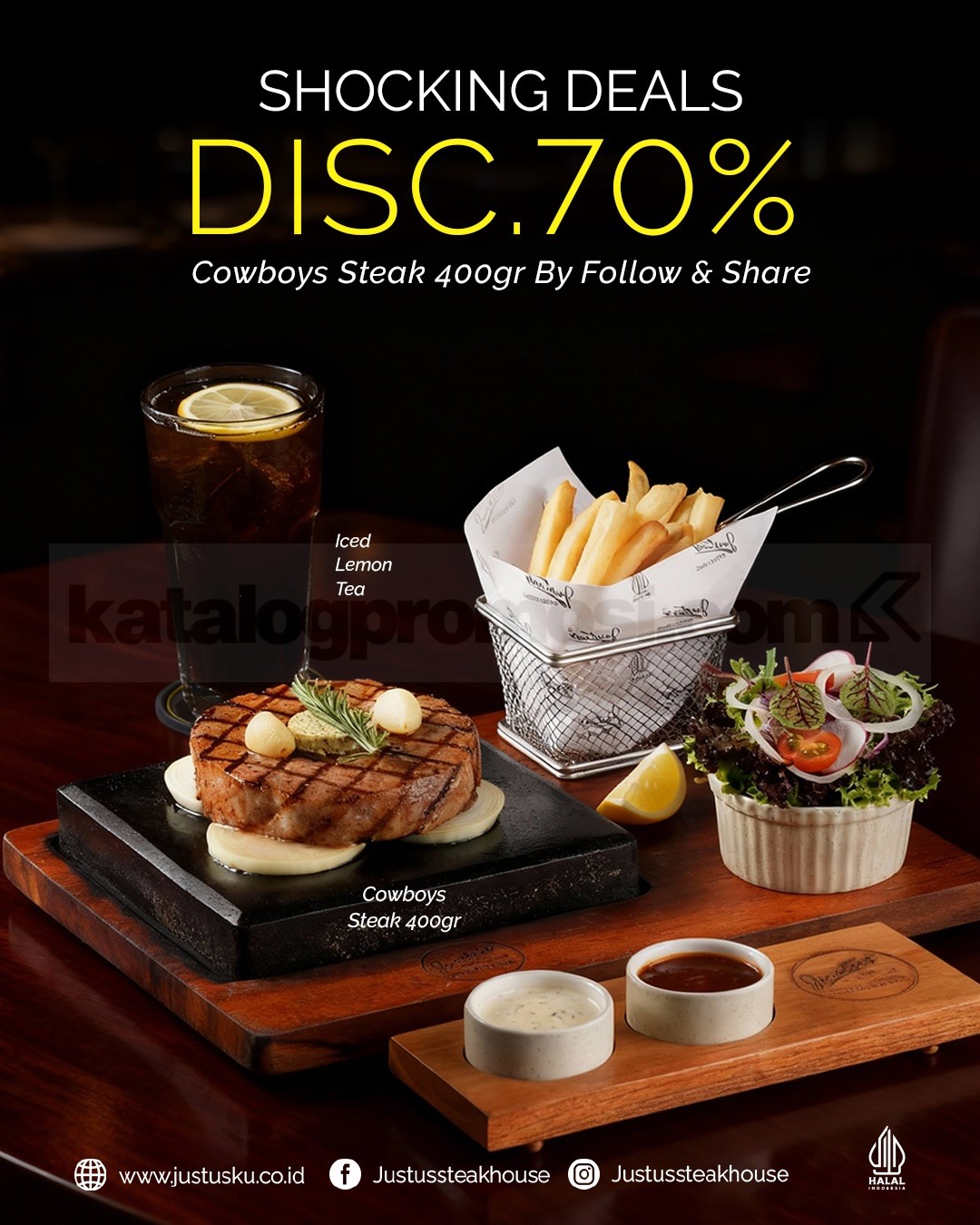 Promo Justus Steakhouse Shocking Deals Cowboy Steak Diskon 70% Promo Justus Steakhouse Shocking Deals diskon 70% Cowboy Steak 400g gratis iced lemon tea