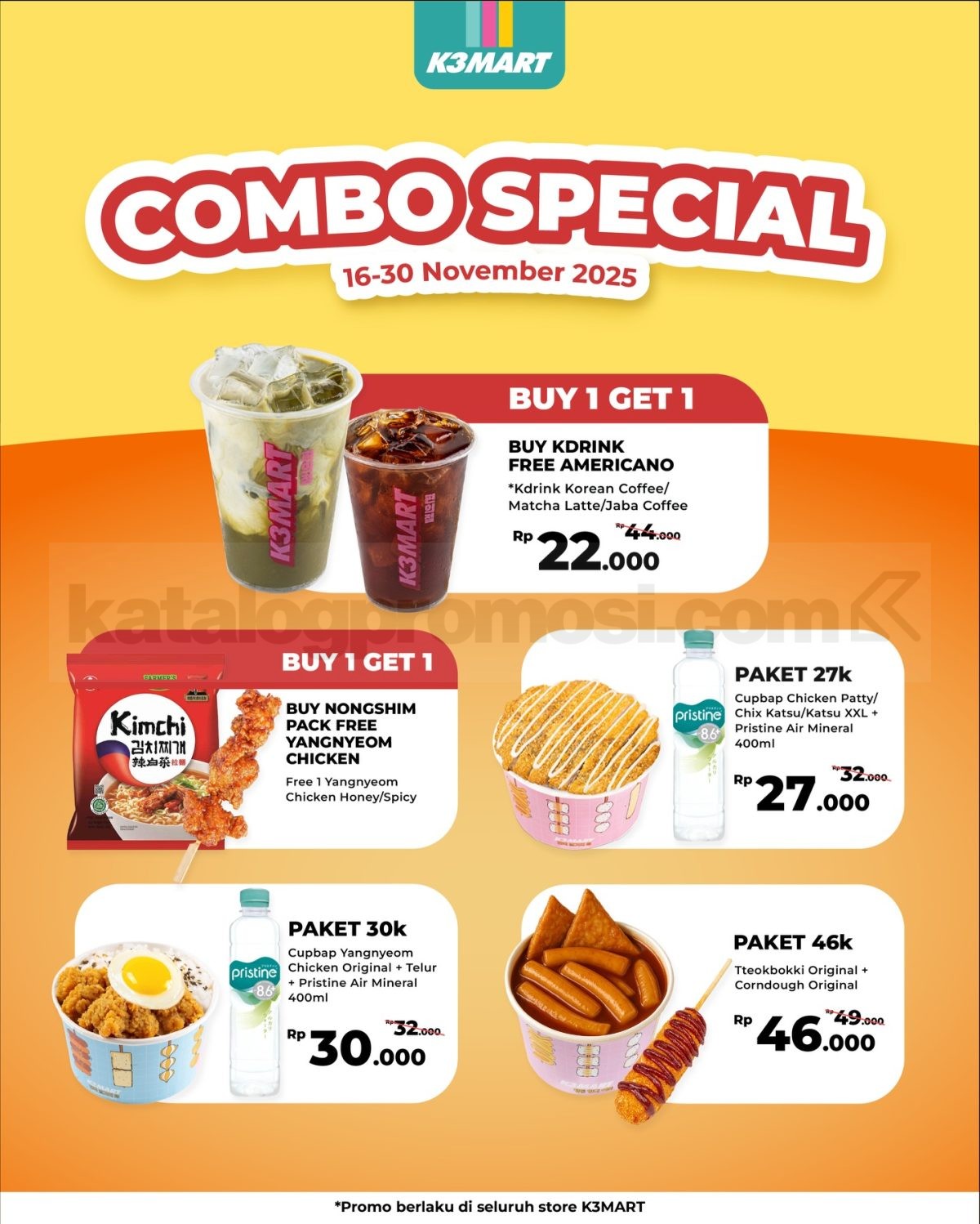 Promo K3MART Combo Special Beli 1 Gratis 1 Promo K3MART Combo Special beli 1 gratis 1 KDrink Korean Coffee Matcha Latte Jahe Coffee dan Nongshim Kimchi Ramyun pack, paket hemat mulai Rp. 27.000.