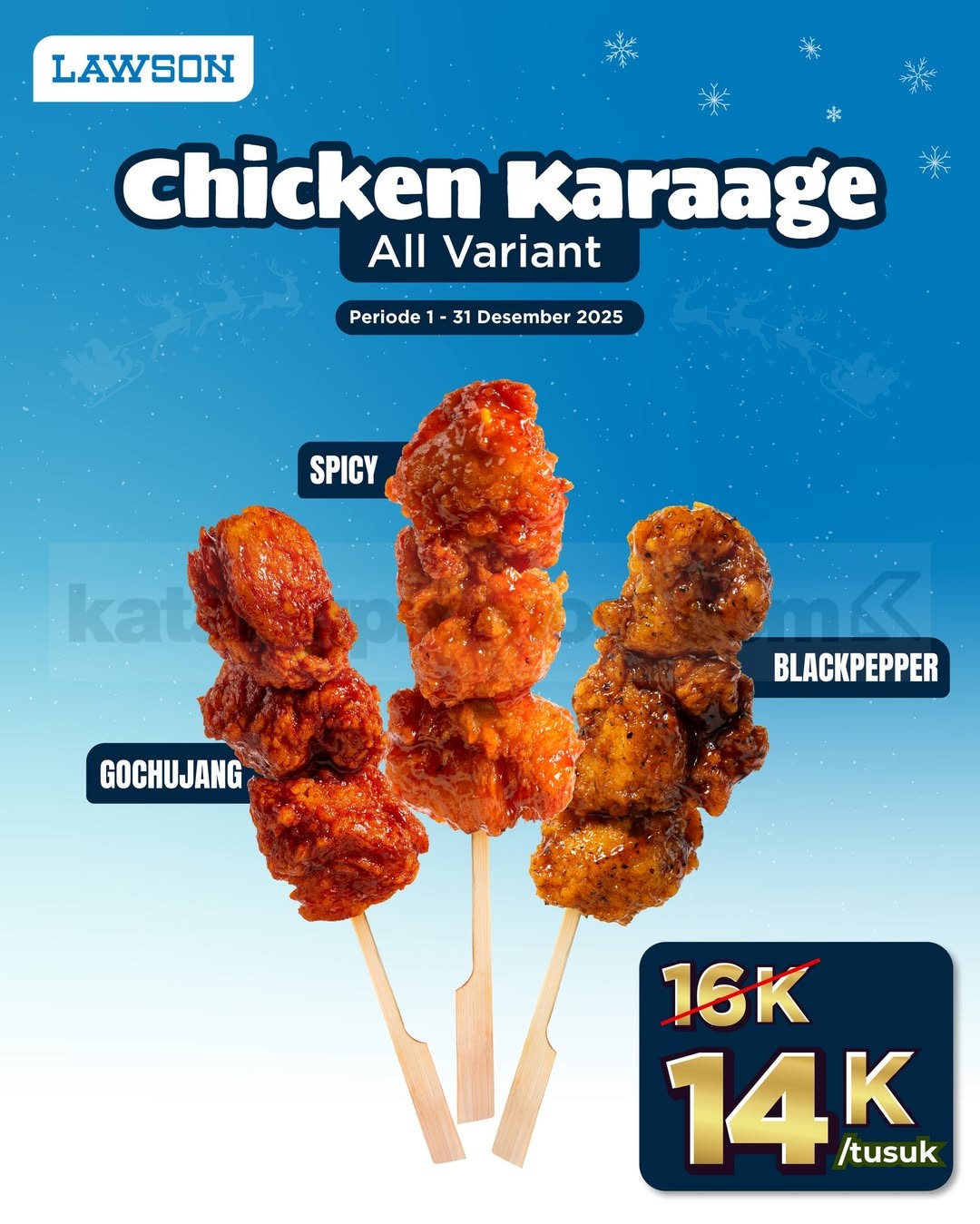 Promo Lawson Chicken Karaage All Variant Rp. 14.000 Promo Lawson Chicken Karaage All Variant Rp. 14.000 berlaku di outlet tertentu untuk semua varian.