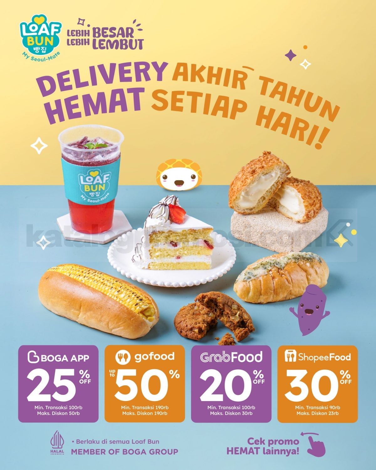 Promo Loaf Bun Delivery Akhir Tahun Diskon hingga 50% Promo Loaf Bun Delivery Akhir Tahun diskon hingga 50% untuk Roti Korea, Hampers, dan Cake melalui aplikasi delivery