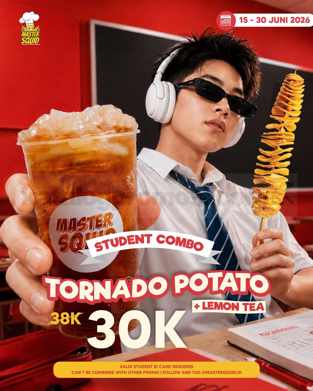 Promo Master Squid Student Combo Rp. 30.000 Promo Master Squid Student Combo Rp. 30.000 paket Tornado Potato dan Lemon Tea untuk pelajar