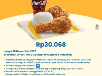Promo McDonald’s BCA PaNas 2 cuma Rp. 30.068 berlaku 20 November 2025 untuk pembayaran QRIS via myBCA di seluruh Drive Thru dan Counter McDonald’s.