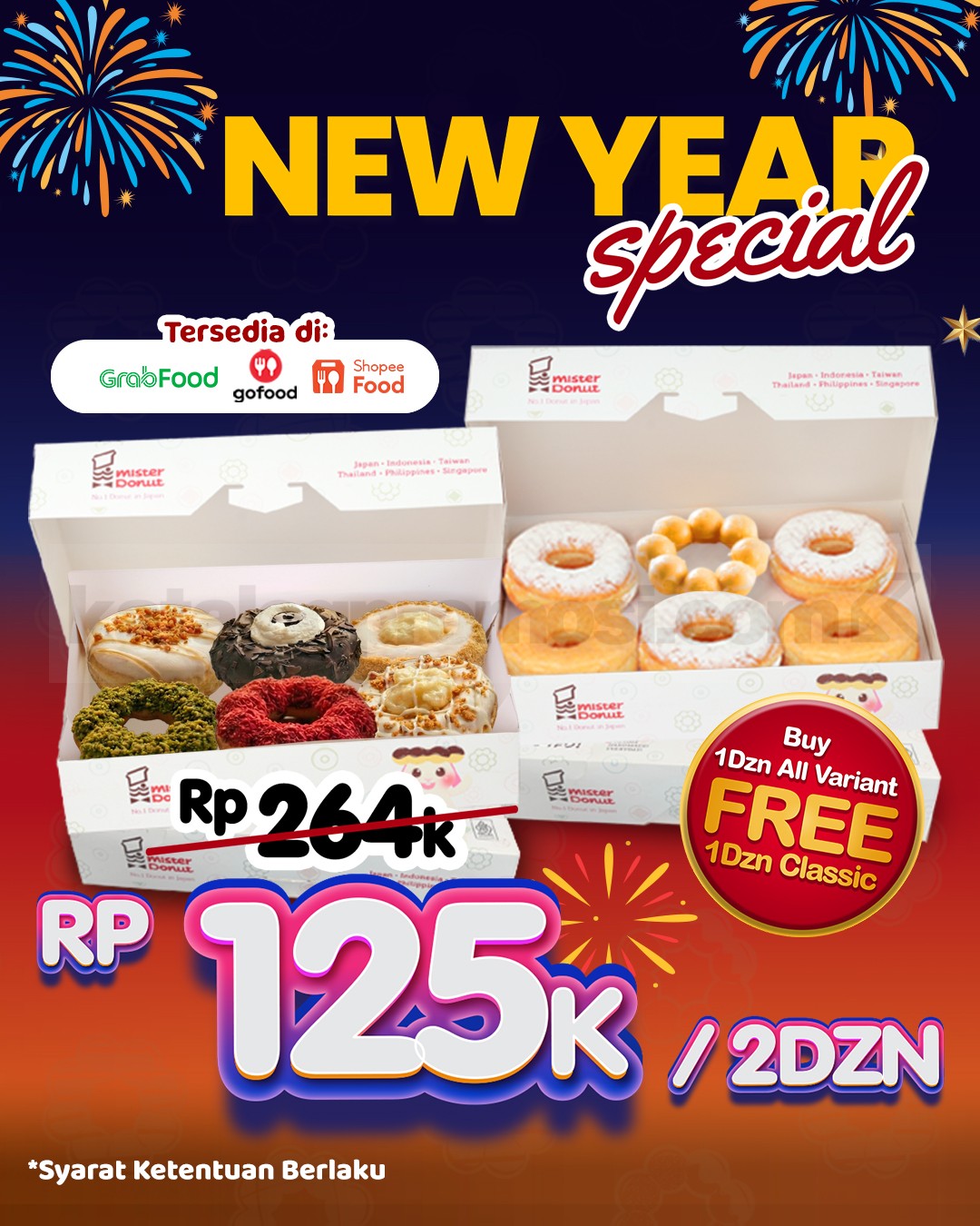 Promo Mister Donut New Year Special Deal Beli 1 Gratis 1 Promo Mister Donut New Year Special Deal beli 1 gratis 1 2 lusin donut Rp. 125.000