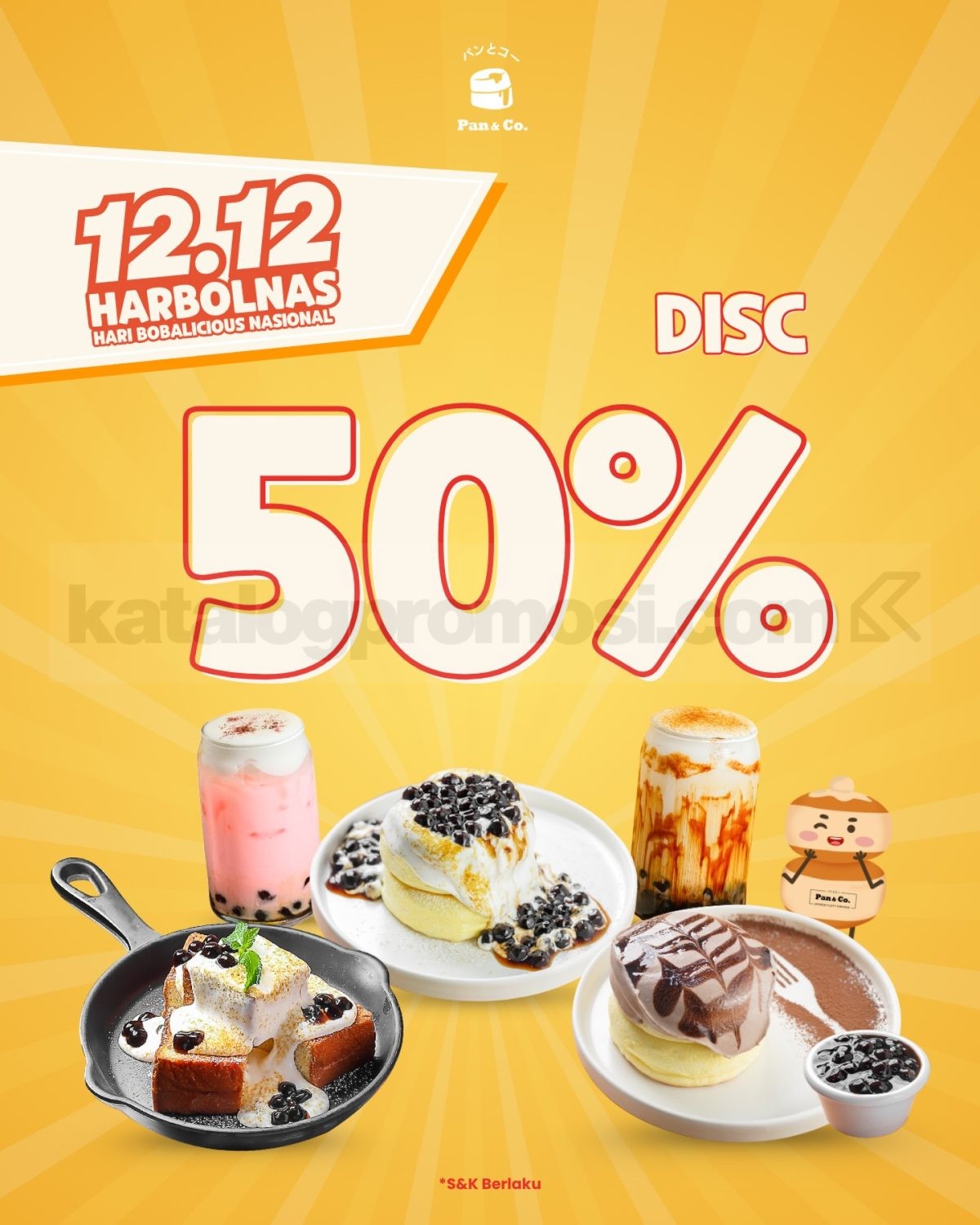 Promo Pan&Co 12.12 Diskon 50% Promo Pan&Co 12.12 Diskon 50% Menu Boba berlaku 12 Desember 2025 untuk lima menu boba favorit dine-in dan takeaway.