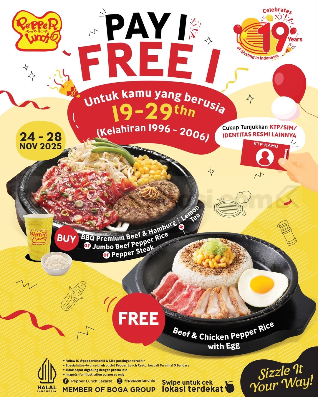 Promo Pepper Lunch Buy 1 Get 1 Spesial Anniversary Promo Pepper Lunch Buy 1 Get 1 Spesial Anniversary dengan menu pilihan dan bonus gratis untuk pelanggan 19โ29 tahun