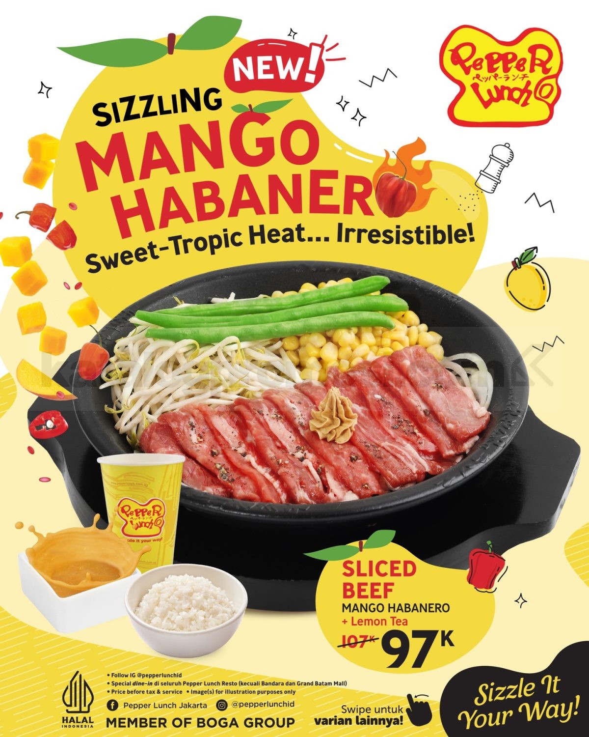 Promo Pepper Lunch NEW! Sizzling Mango Habanero Set mulai Rp. 85.000 Promo Pepper Lunch NEW! Sizzling Mango Habanero Set mulai Rp. 85.000 dengan pilihan beef, chicken, dan kajiki