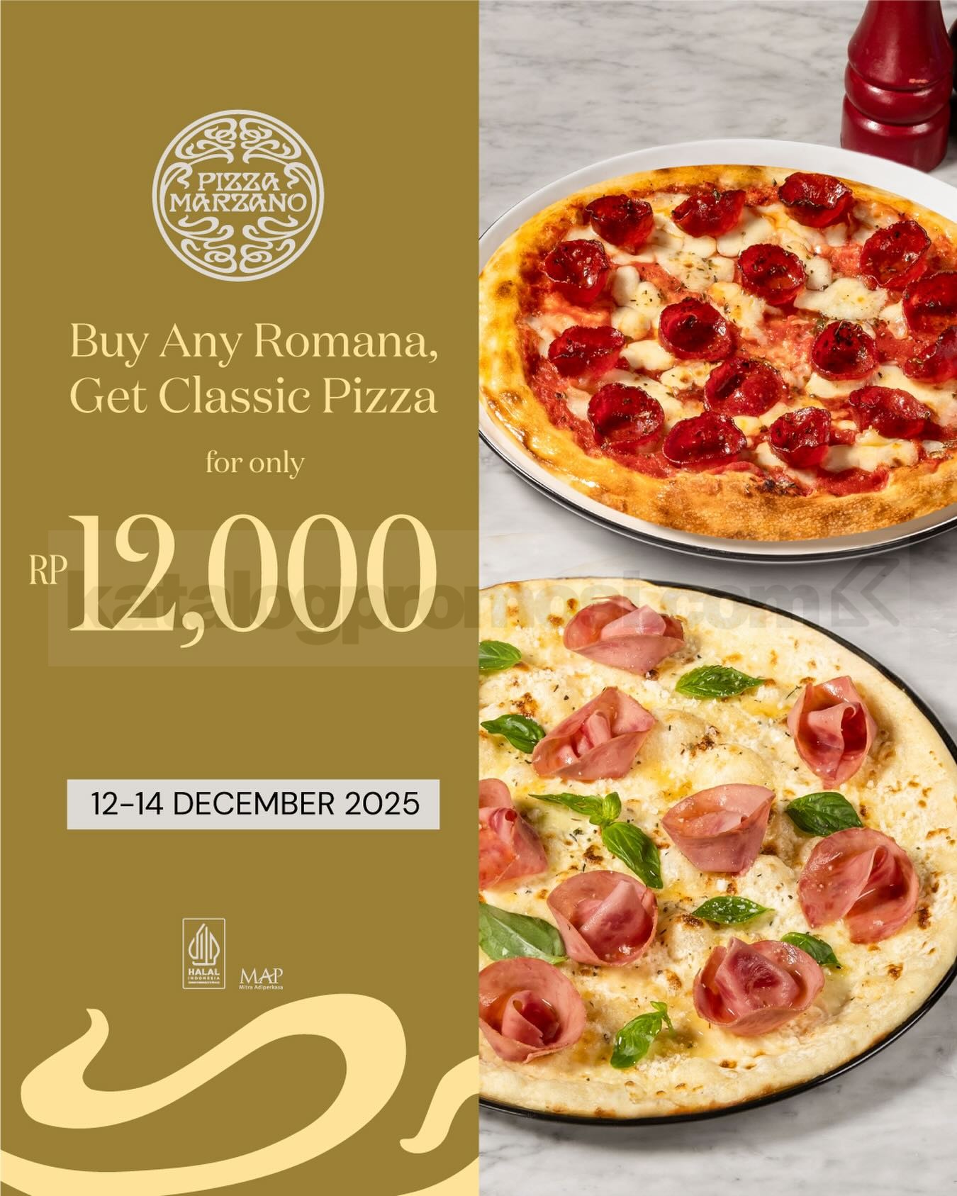 Promo Pizza Marzano 12.12 Buy 1 Get 1 Pizza Promo Pizza Marzano 12.12 Buy 1 Get 1 Pizza periode 12–14 Desember 2025 untuk dine-in