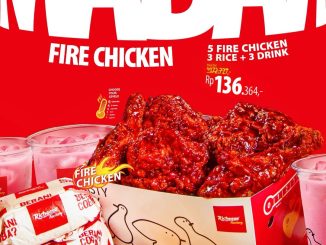 Promo Richeese Factory Combo Mabar Fire Chicken mulai Rp.136.364 dengan paket makan ramean berisi Fire Chicken, nasi, dan minuman
