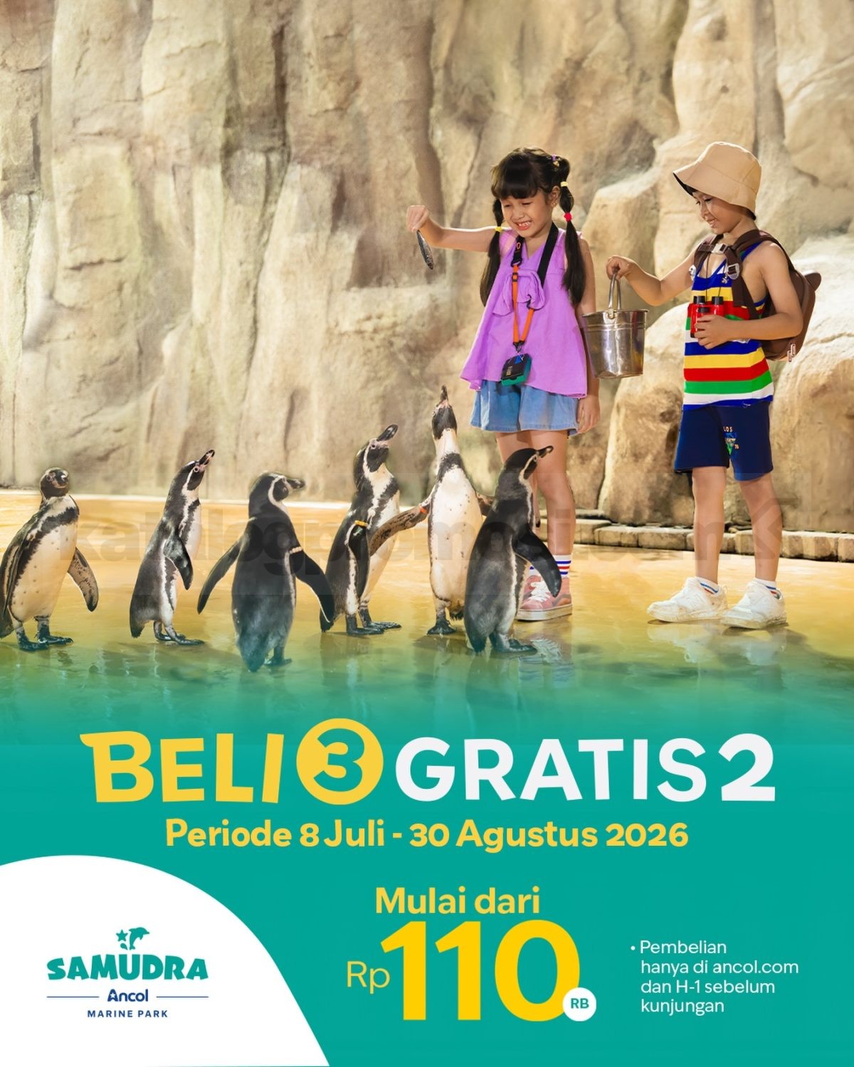 Promo Samudra Ancol Beli 3 Gratis 2 Tiket Promo Samudra Ancol Beli 3 Gratis 2 Tiket mulai Rp. 110.000 berlaku hingga 30 Agustus 2026 untuk pembelian online.