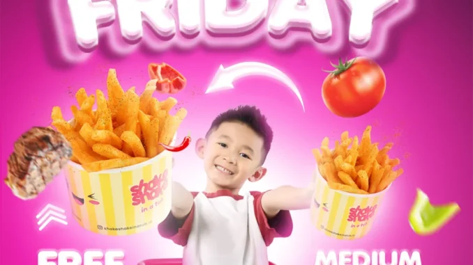 Promo Shake Shake In A Tub Black Friday Gratis Upsize Medium ke Huge Fries rasa Premium BBQ atau Mala, berlaku 28 November 2025.