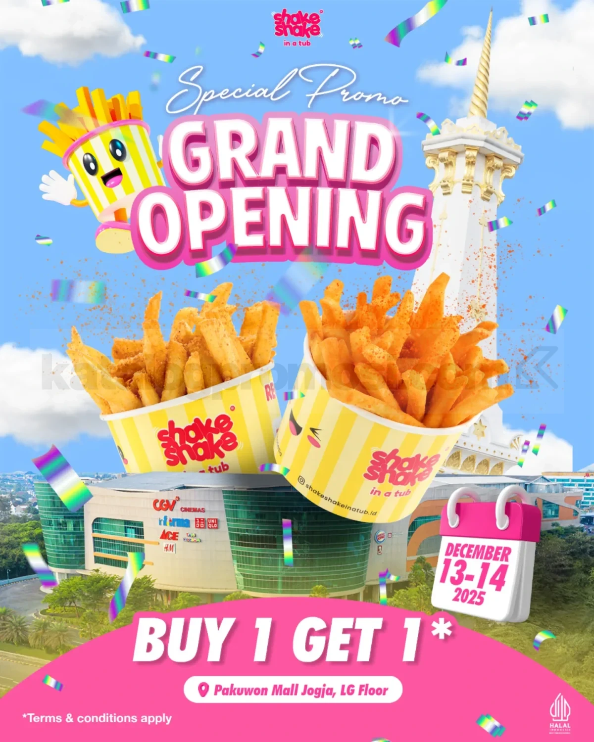 Promo Shake Shake in a Tub Grand Opening Jogja Buy 1 Get 1 Regular Fries Promo Shake Shake in a Tub Grand Opening Jogja Buy 1 Get 1 Regular Fries di Pakuwon Mall Jogja periode 13-14 Desember 2025.
