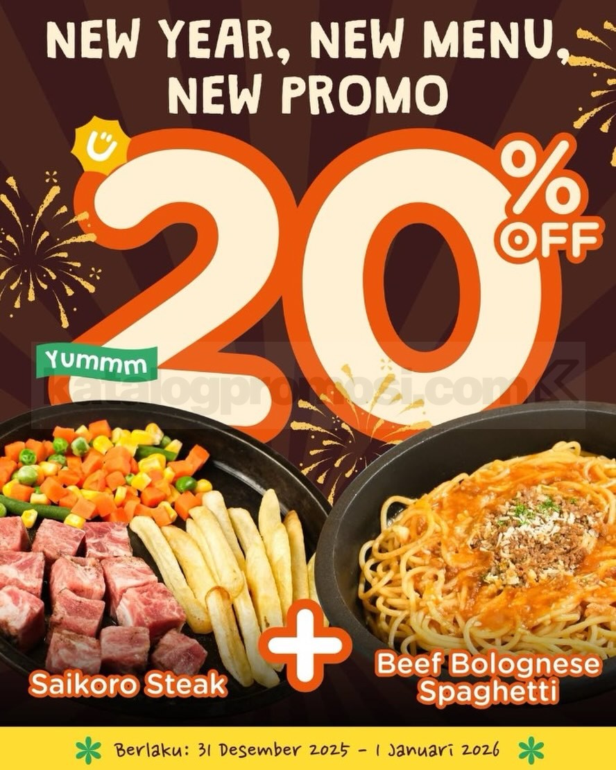 Promo Steak With U Tahun Baru Diskon 20% Promo Steak With U Tahun Baru diskon 20% pairing Saikoro Steak dan Beef Bolognese Spaghetti periode 31 Desember 2025 – 1 Januari 2026