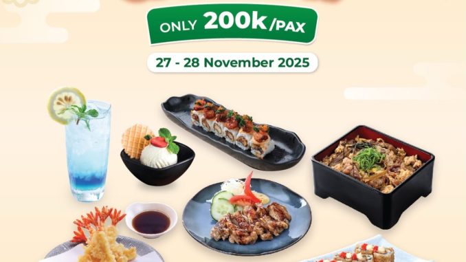 Promo Sushi Tei Bandung All You Can Eat Rp. 200.000 di Sushi Tei PVJ dengan detail harga dan periode 27–28 November 2025.