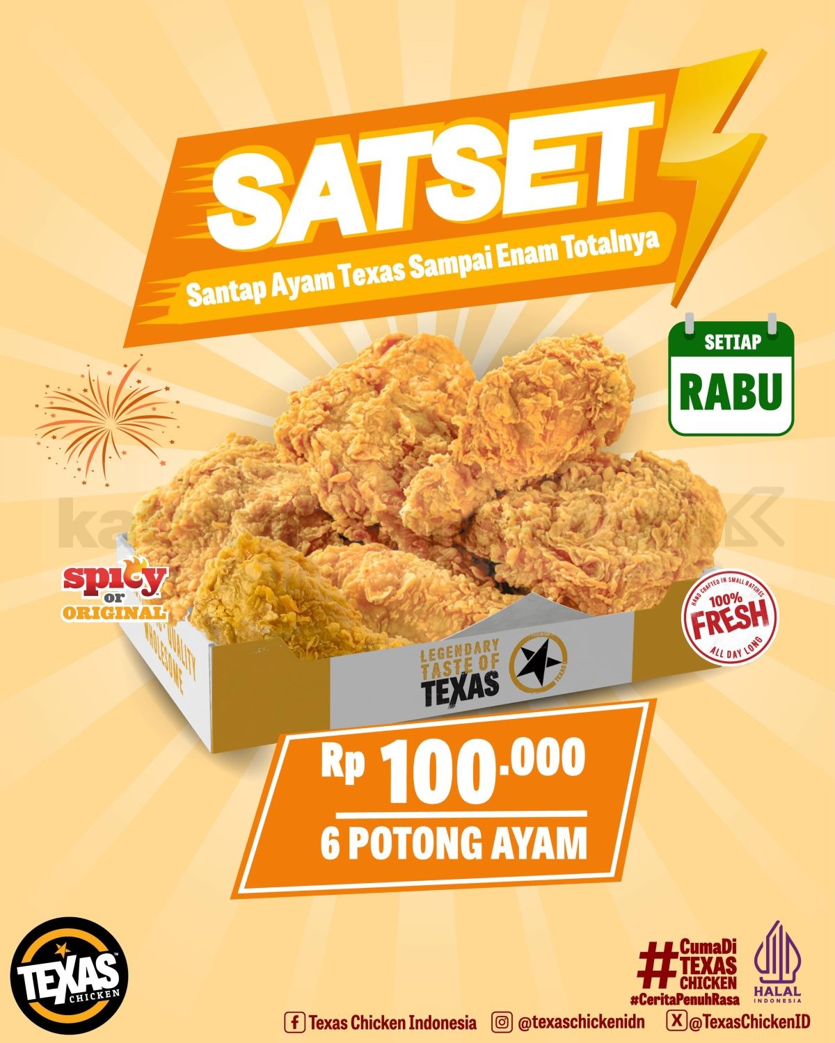 Promo Texas Chicken SATSET 6 Ayam Rp. 100.000 Promo Texas Chicken SATSET 6 Ayam Rp. 100.000 paket hemat hari Rabu