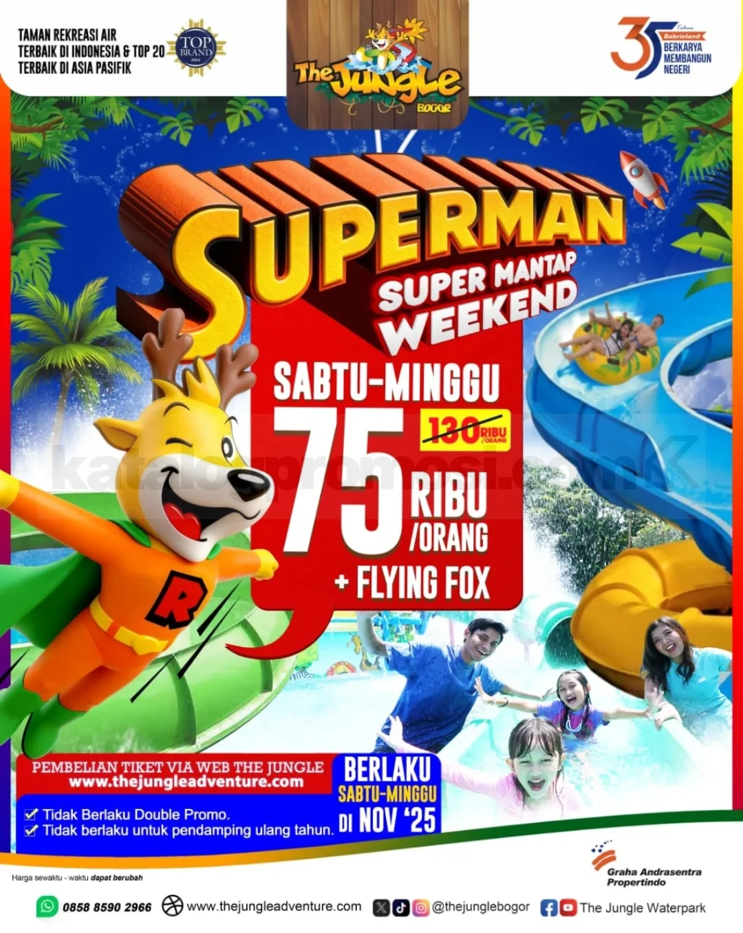 Promo The Jungle Waterpark Super Mantap Weekend cuma Rp. 75.000/orang Promo The Jungle Waterpark Super Mantap Weekend cuma Rp.75.000/orang berlaku Sabtu–Minggu selama November 2025 di Bogor
