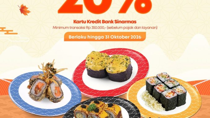 Promo Tom Sushi Pekanbaru Diskon 20% Kartu Kredit Bank Sinarmas berlaku hingga 31 Oktober 2026