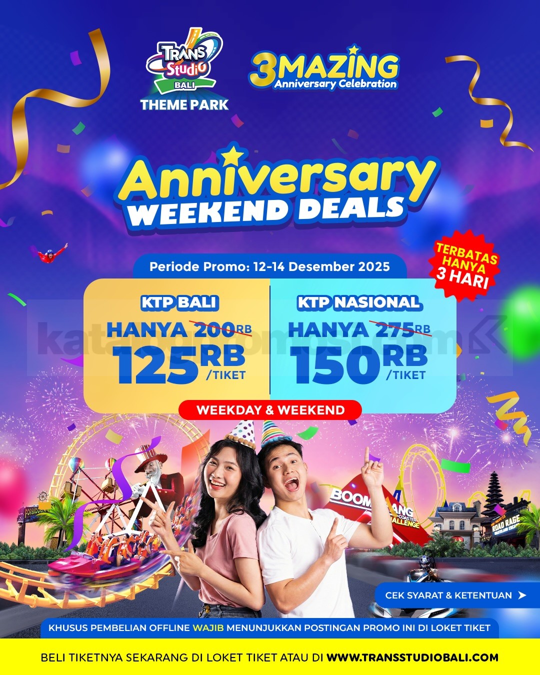 Promo Trans Studio Bali Anniversary Tiket mulai Rp.125 ribu Promo Trans Studio Bali Anniversary tiket mulai Rp.125 ribu untuk KTP Bali dan KTP Nasional periode 12–14 Desember 2025