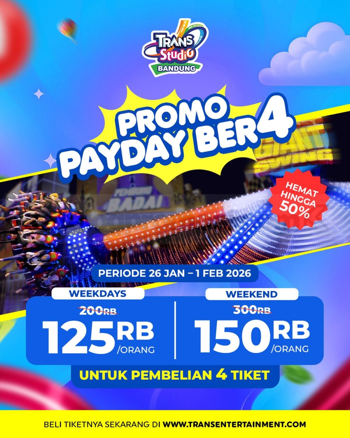 Promo Trans Studio Bandung Payday Ber4 Diskon hingga 50% Promo Trans Studio Bandung Payday Ber4 Diskon hingga 50%