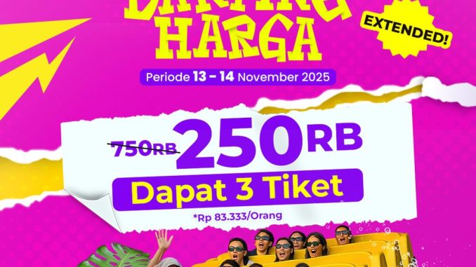 Promo Trans Studio Cibubur 11.11 Banting Harga Tiket Rp.83.333 dengan paket 3 tiket Rp.250.000 berlaku 13–14 November.