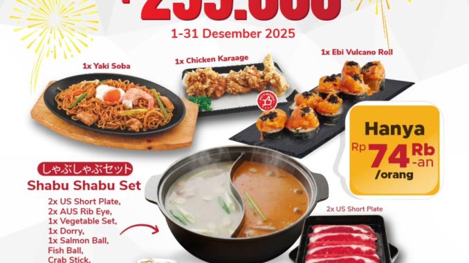 Promo Washoku Sato Holiday Package Rp. 299.000 berisi paket ber-4 dengan menu lengkap dan free flow gohan sepanjang Desember 2025.