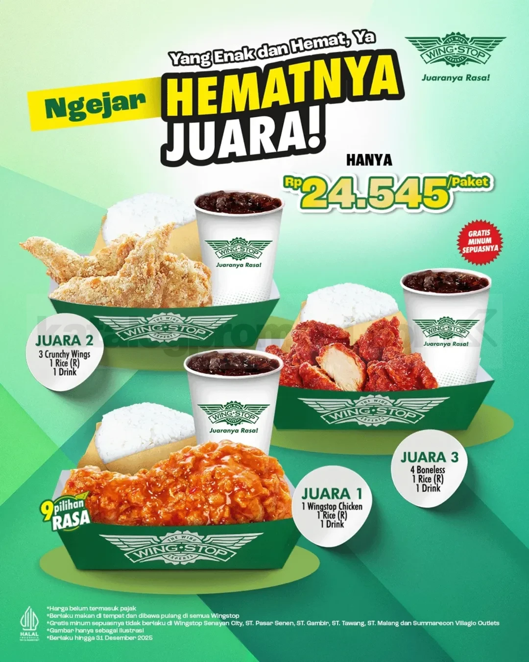 Promo Wingstop Hematnya Juara Mulai Rp. 24.545 Promo Wingstop Hematnya Juara Mulai Rp. 24.545 paket ayam goreng lengkap + free refill minum