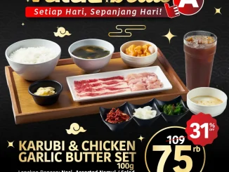 Promo Yakiniku Like Value Deals mulai Rp75.000 dengan tiga pilihan set lengkap termasuk nasi, karaage, pudding, dan minuman.