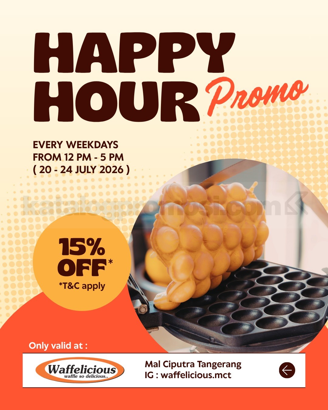 Promo Waffelicious Diskon 15% Anniversary ke-15 Promo Waffelicious Diskon 15% Anniversary ke-15 untuk pembelian waffle minimal Rp. 55.000.