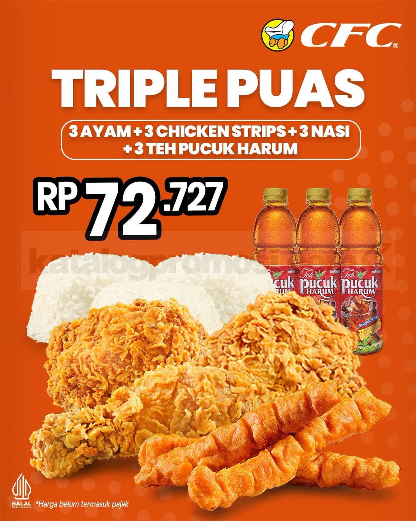 Promo CFC Triple Puas 3 Ayam Mulai Rp. 72.000 Promo CFC Triple Puas 3 Ayam Mulai Rp. 72.000 dengan Chicken Strips, nasi, dan Teh Pucuk