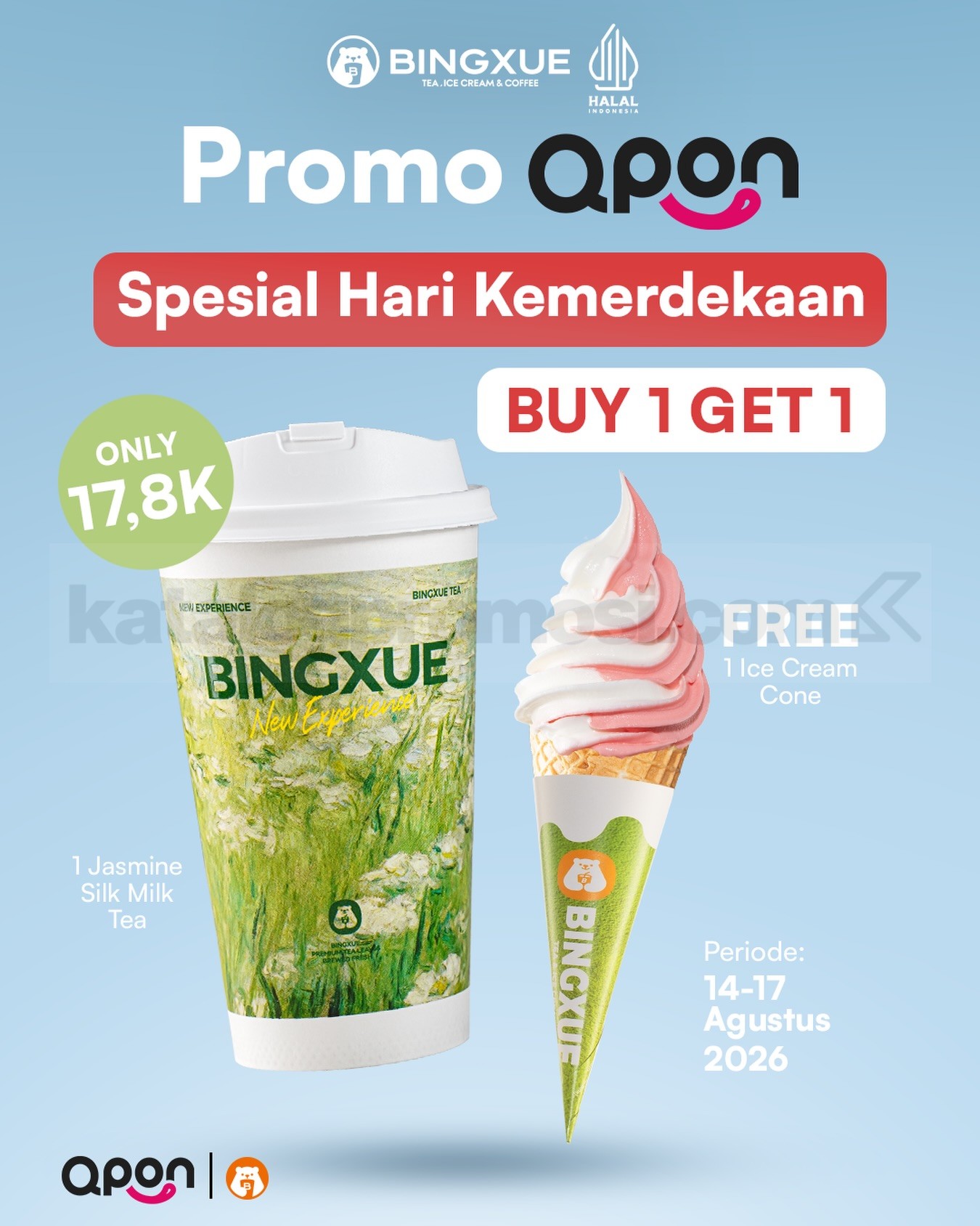 Promo Bingxue Qpon Spesial Hari Kemerdekaan Beli 1 Gratis 1 Promo Bingxue Qpon Hari Kemerdekaan beli Jasmine Silk Milk Tea gratis Ice Cream Cone Rp 17.800.