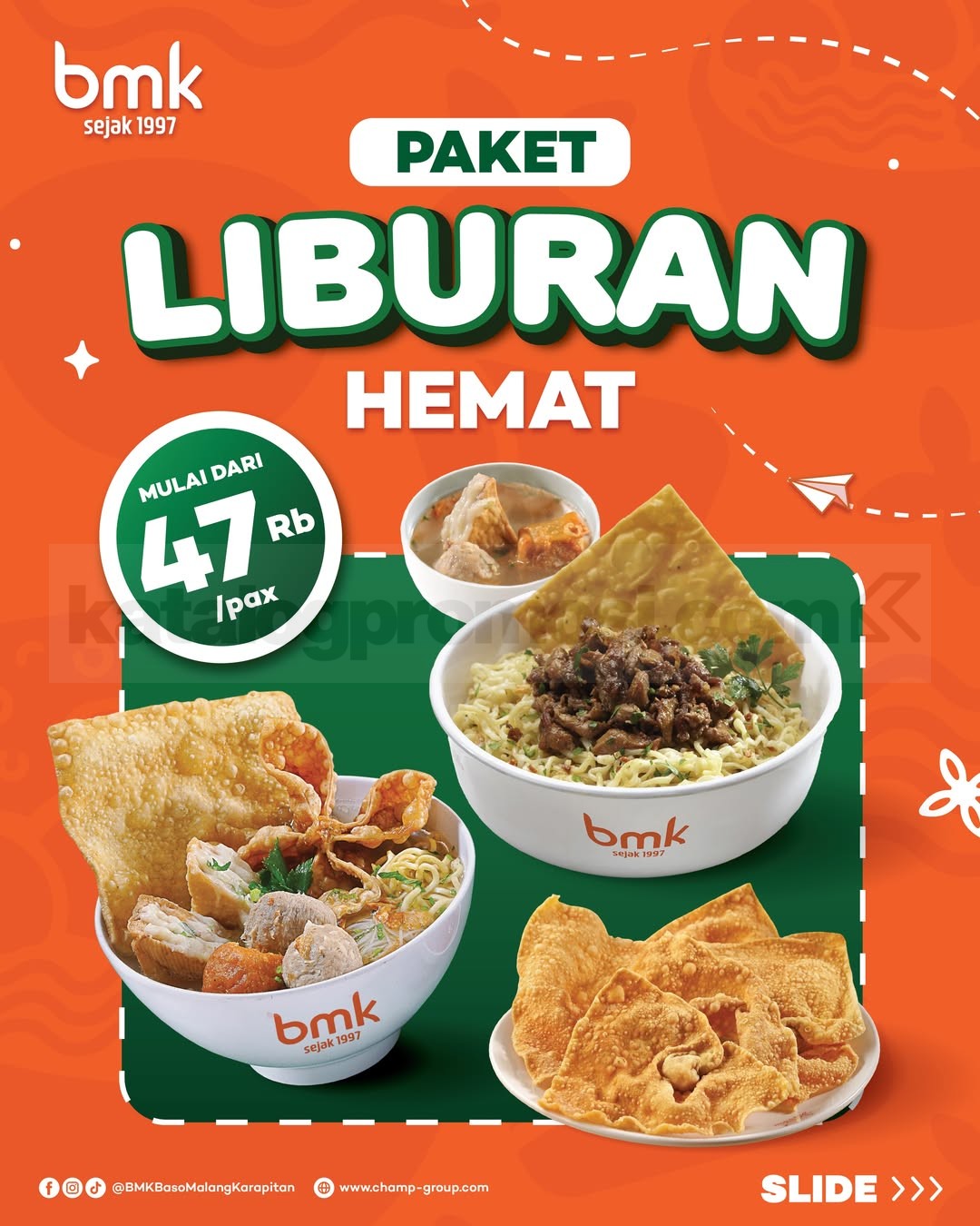 Promo BMK Paket Liburan Hemat Mulai Rp. 47 Ribu Promo BMK Paket Liburan Hemat mulai Rp. 47 ribu per pax dengan paket Baso Malang dan Mie Ayam hingga 31 Juli 2026