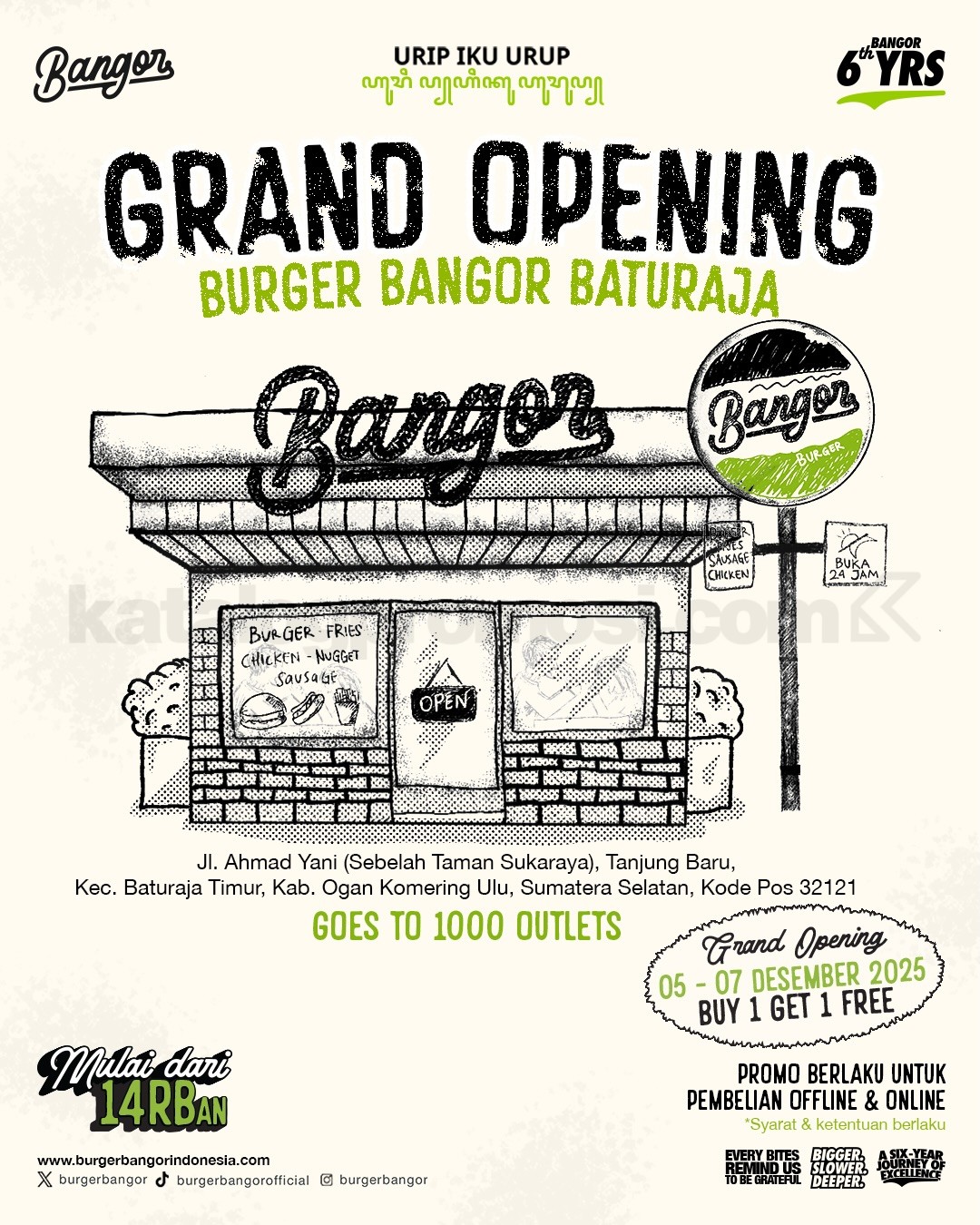 Promo Burger Bangor Grand Opening Buy 1 Get 1 Free Promo Burger Bangor Grand Opening Buy 1 Get 1 Free, 5-7 Desember 2025 di outlet terpilih