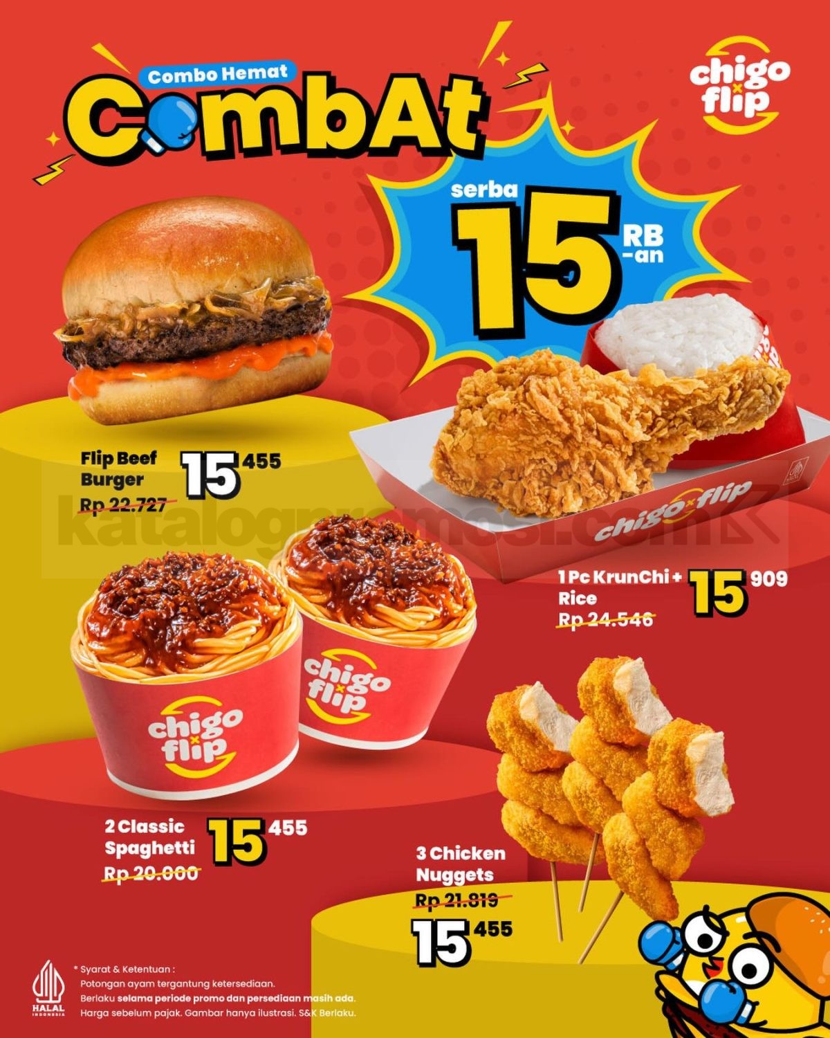 Promo Chigo x Flip Combo Hemat Serba Rp. 15.455 Promo Chigo Flip Combo Hemat Serba Rp. 15.455 dengan pilihan burger ayam spaghetti dan nuggets