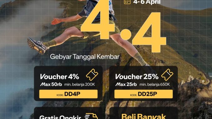 Promo Decathlon 4.4 Double Date Sale diskon hingga 25% periode 4 sampai 6 April 2026 dengan voucher dan gratis ongkir
