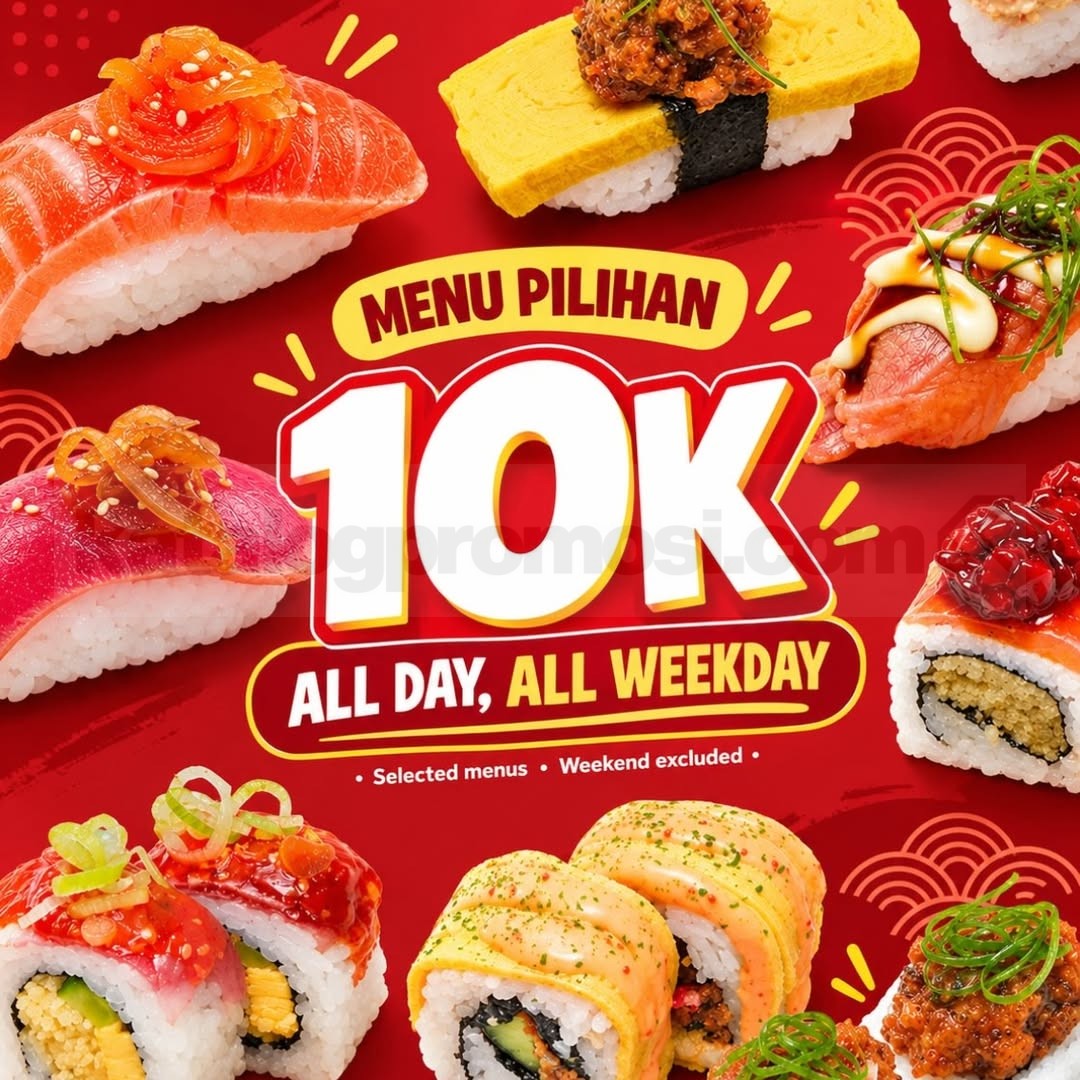 Promo Genki Sushi Menu Pilihan Rp10.000 Promo Genki Sushi Menu Pilihan Rp10.000 setiap Senin–Jumat sepanjang hari kecuali store Bandung.